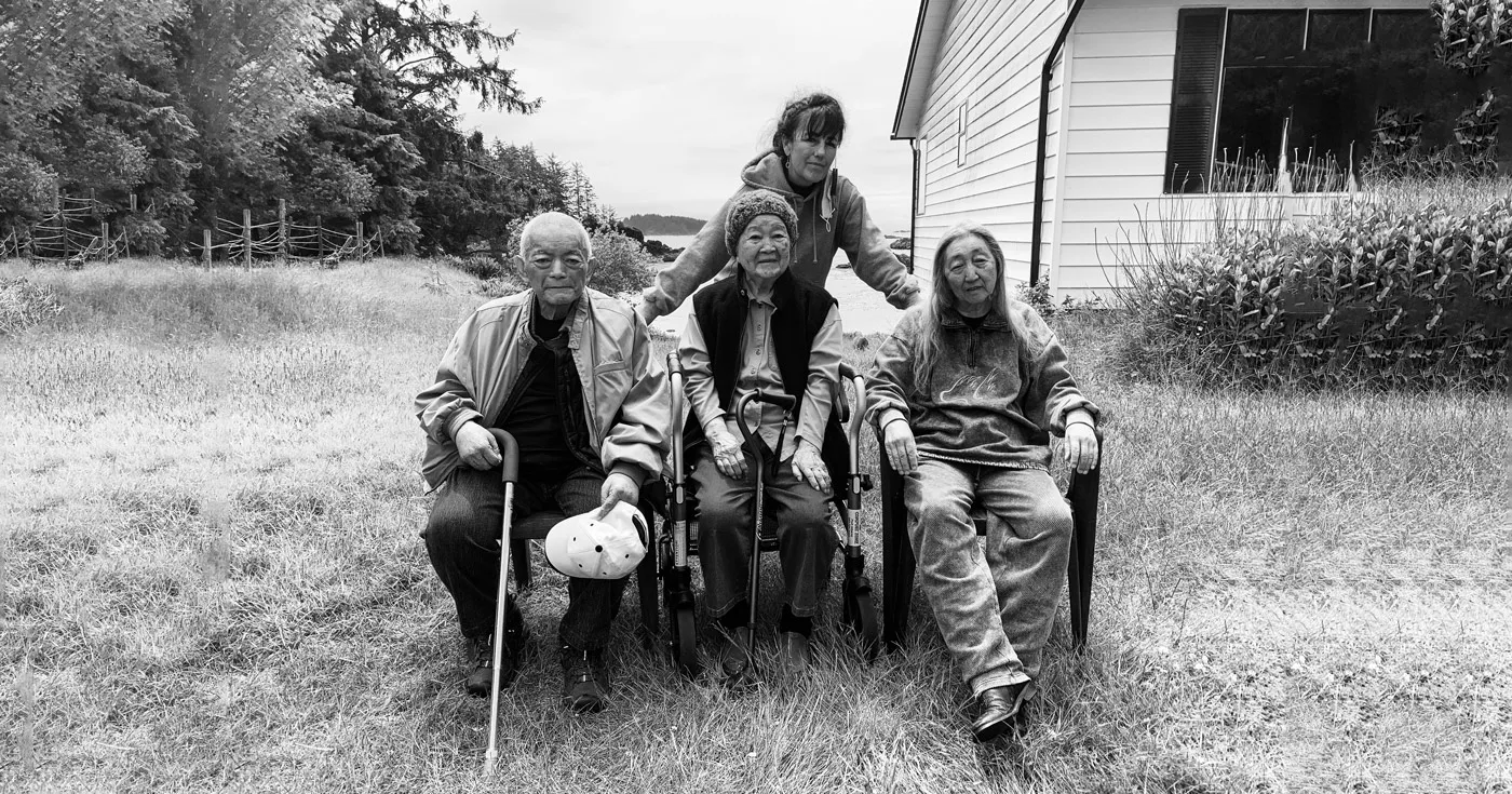 Doug Kimoto, Mary Kimoto, and Ellen Kimoto Crowe-swords at home in Ucluelet, BC with Susanne Tabata.